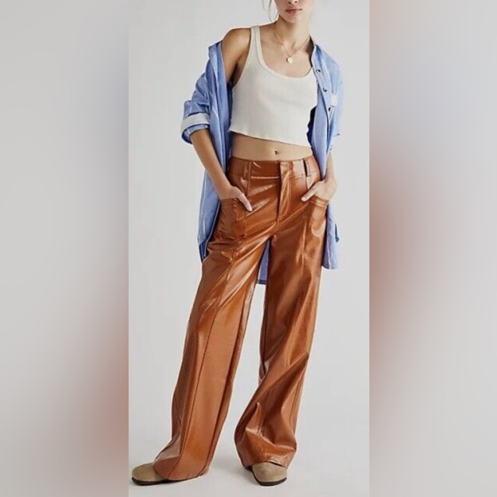 FREE PEOPLE Star Crossed Lovers Faux Leather Tan Trousers size 0